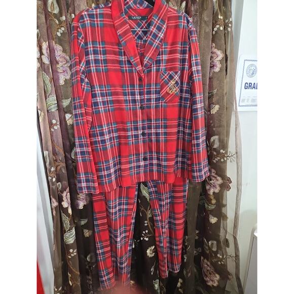 Ralph Lauren Womens Red Plaid Crest Christmas Pajama Pjs Set Top Pants Sz L - Picture 4 of 12